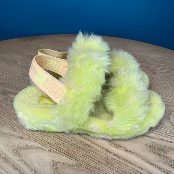 UGG Oh Yeah Spots Slide Slipper Fluffy Sandal Neon Green Pink Women’s Size 7 - Picture 2 of 9